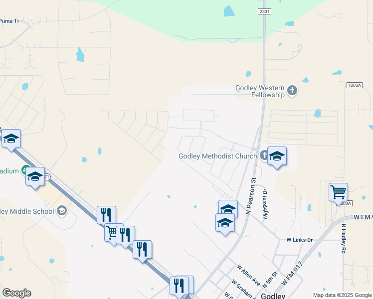 map of restaurants, bars, coffee shops, grocery stores, and more near 1024 Longbow Drive in Godley
