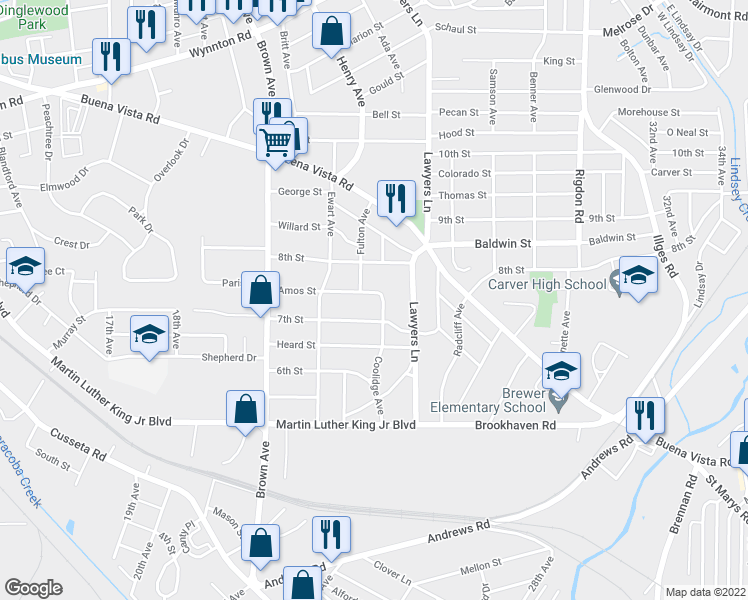 map of restaurants, bars, coffee shops, grocery stores, and more near 2416 Amos Street in Columbus