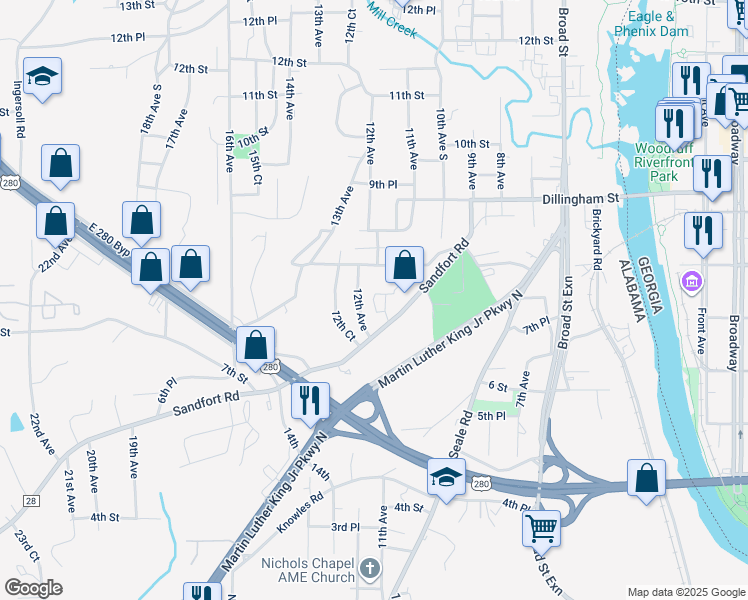 map of restaurants, bars, coffee shops, grocery stores, and more near 717 12th Avenue in Phenix City
