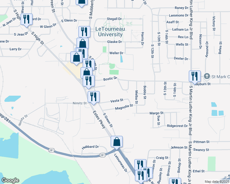 map of restaurants, bars, coffee shops, grocery stores, and more near 222 Bostic Drive in Longview