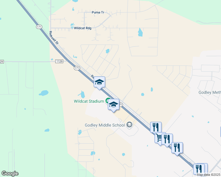 map of restaurants, bars, coffee shops, grocery stores, and more near 9408 Railroad Street in Godley