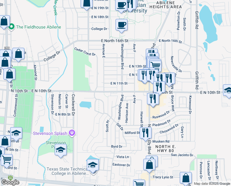 map of restaurants, bars, coffee shops, grocery stores, and more near 758 East North 10th Street in Abilene