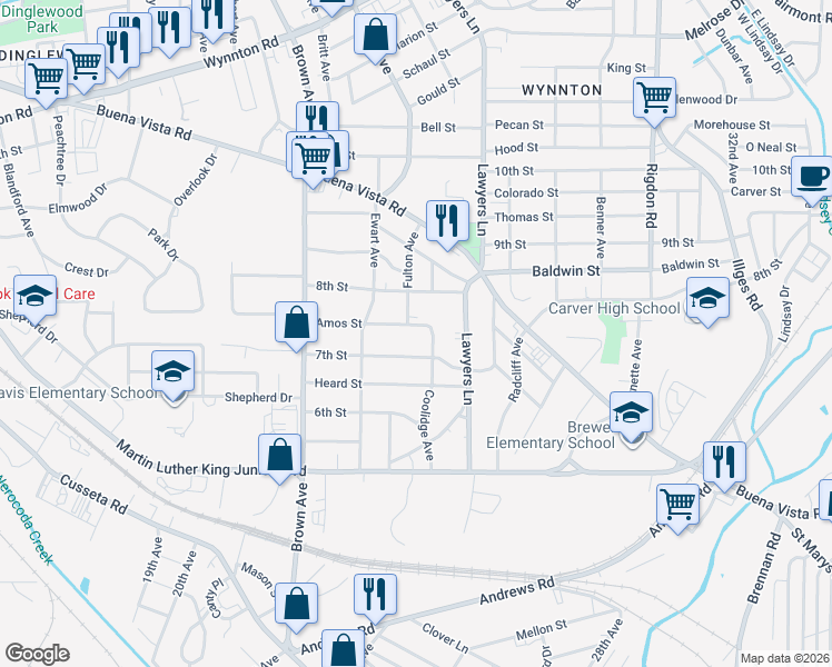 map of restaurants, bars, coffee shops, grocery stores, and more near 2331 Amos Street in Columbus