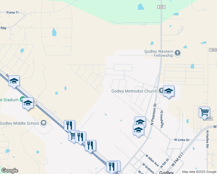 map of restaurants, bars, coffee shops, grocery stores, and more near 1024 Longbow in Godley