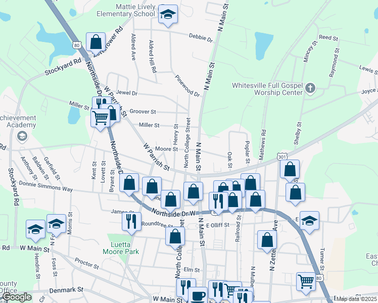 map of restaurants, bars, coffee shops, grocery stores, and more near 308a North College Street in Statesboro