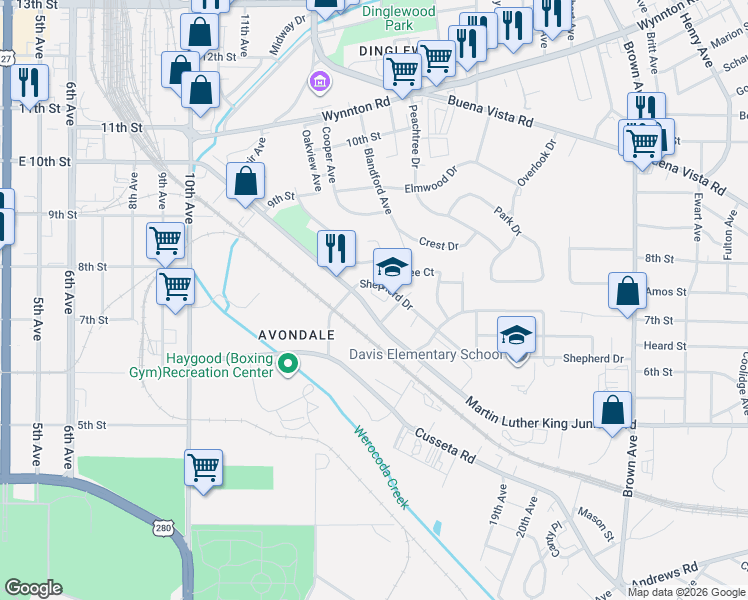 map of restaurants, bars, coffee shops, grocery stores, and more near 1400 Shepherd Drive in Columbus
