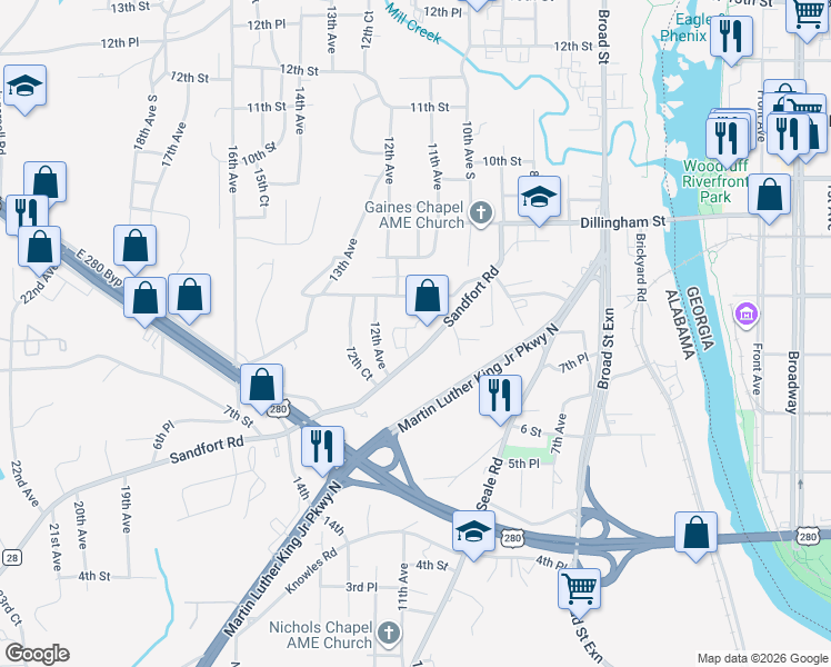 map of restaurants, bars, coffee shops, grocery stores, and more near 1101 7th Place in Phenix City