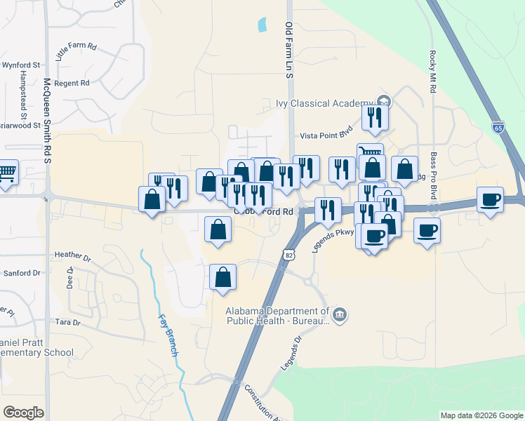 map of restaurants, bars, coffee shops, grocery stores, and more near 2251 Cobbs Ford Road in Prattville