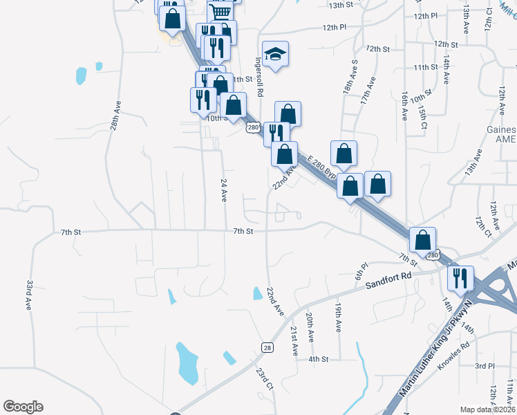 map of restaurants, bars, coffee shops, grocery stores, and more near 2205 Windmark Court in Phenix City