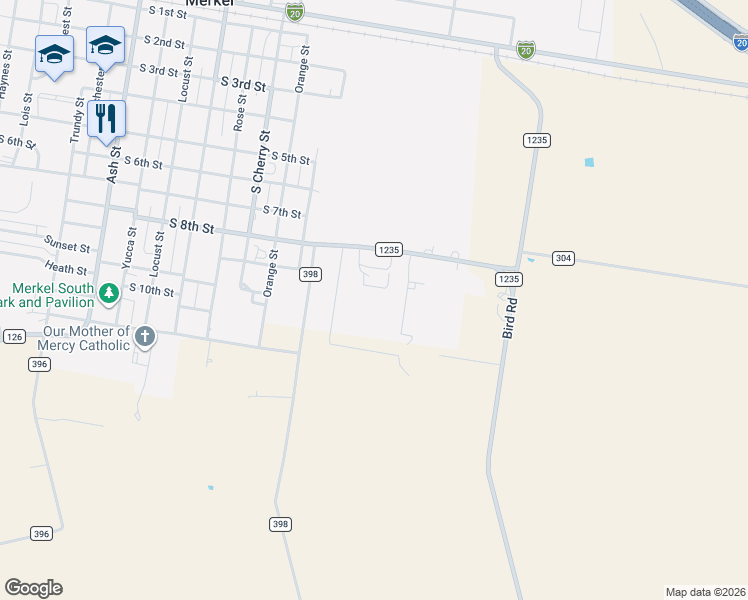 map of restaurants, bars, coffee shops, grocery stores, and more near 401 South 8th in Merkel