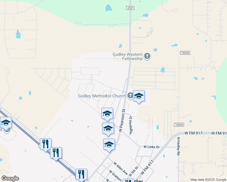 map of restaurants, bars, coffee shops, grocery stores, and more near 1016 Brenham Drive in Godley