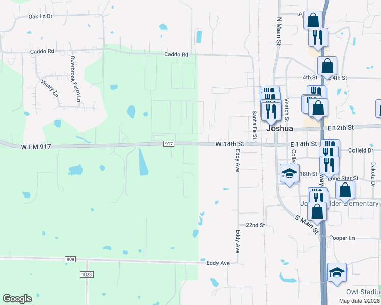 map of restaurants, bars, coffee shops, grocery stores, and more near 701 Farm to Market Road 917 in Joshua