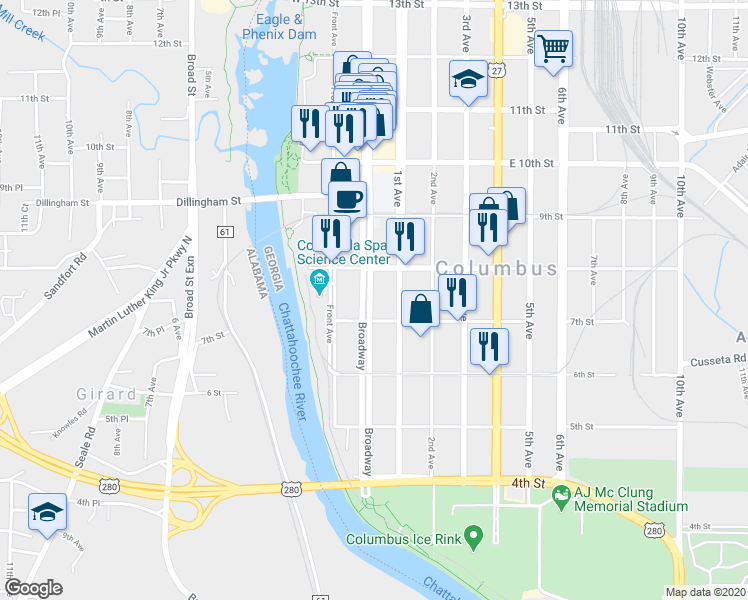 map of restaurants, bars, coffee shops, grocery stores, and more near 716 Broadway in Columbus