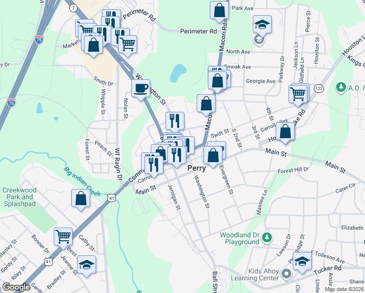 map of restaurants, bars, coffee shops, grocery stores, and more near 1109 Washington Street in Perry