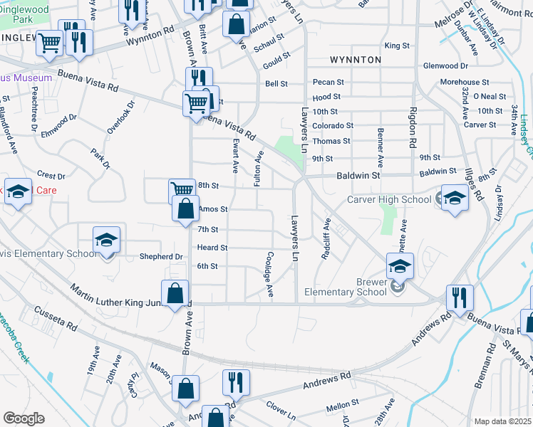 map of restaurants, bars, coffee shops, grocery stores, and more near 2416 Amos Street in Columbus