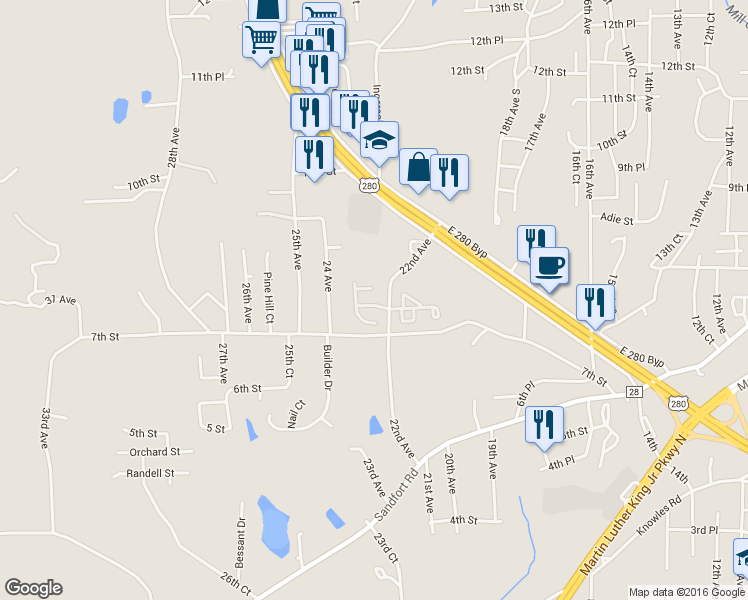 map of restaurants, bars, coffee shops, grocery stores, and more near 2204 Windy Lane in Phenix City