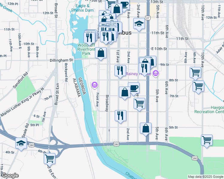map of restaurants, bars, coffee shops, grocery stores, and more near 716 Broadway in Columbus