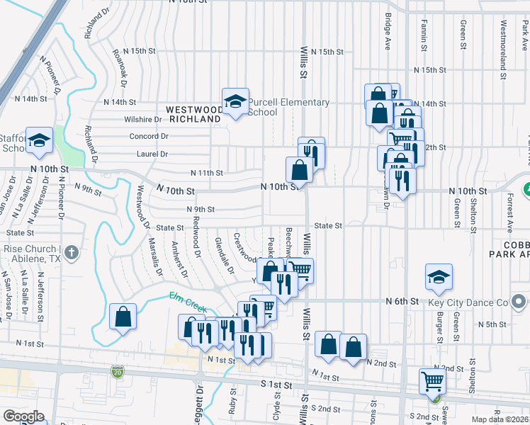 map of restaurants, bars, coffee shops, grocery stores, and more near 925 Minter Lane in Abilene