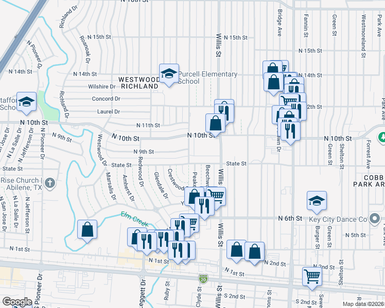 map of restaurants, bars, coffee shops, grocery stores, and more near 925 Minter Lane in Abilene