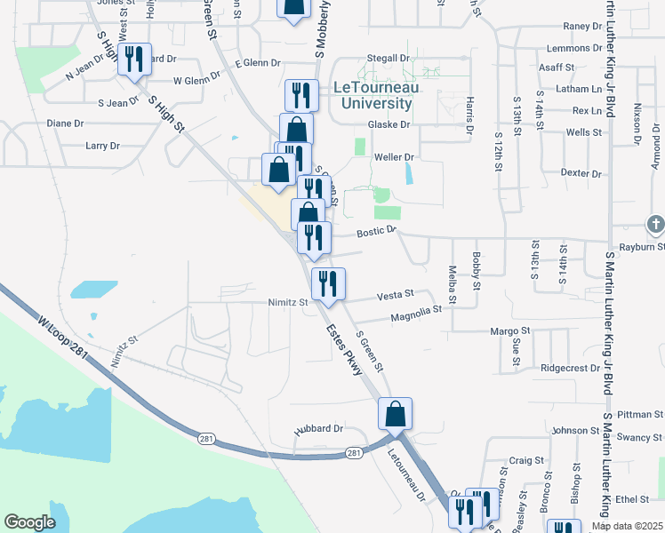 map of restaurants, bars, coffee shops, grocery stores, and more near in Longview