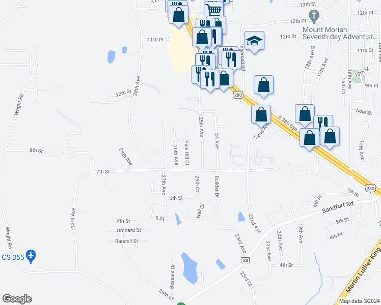 map of restaurants, bars, coffee shops, grocery stores, and more near 716 Pine Hill Court in Phenix City