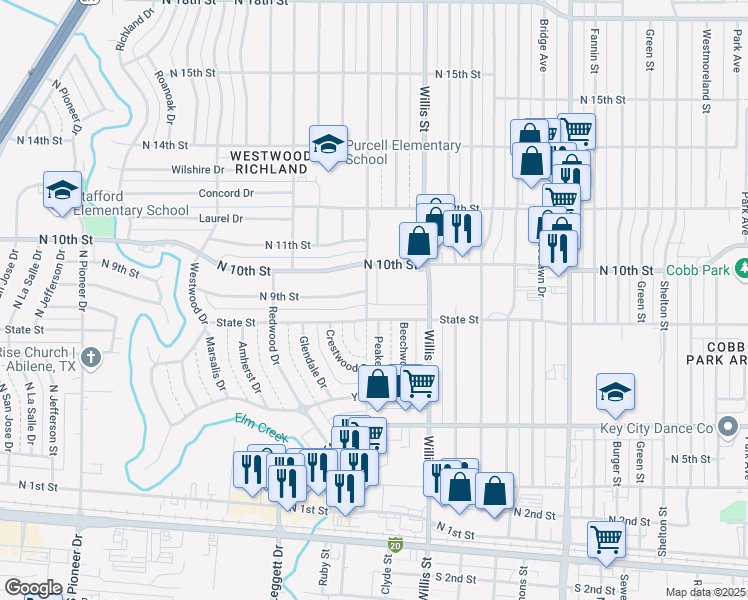 map of restaurants, bars, coffee shops, grocery stores, and more near 925 Minter Lane in Abilene