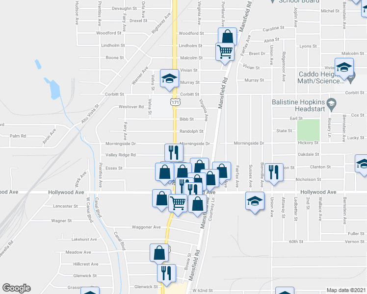 map of restaurants, bars, coffee shops, grocery stores, and more near 2643 Morningside Drive in Shreveport