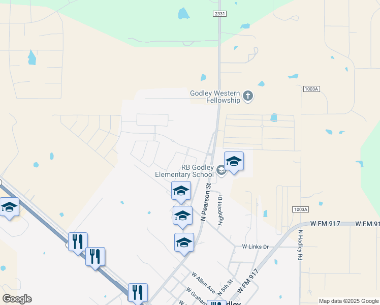 map of restaurants, bars, coffee shops, grocery stores, and more near 1016 Brenham Drive in Godley