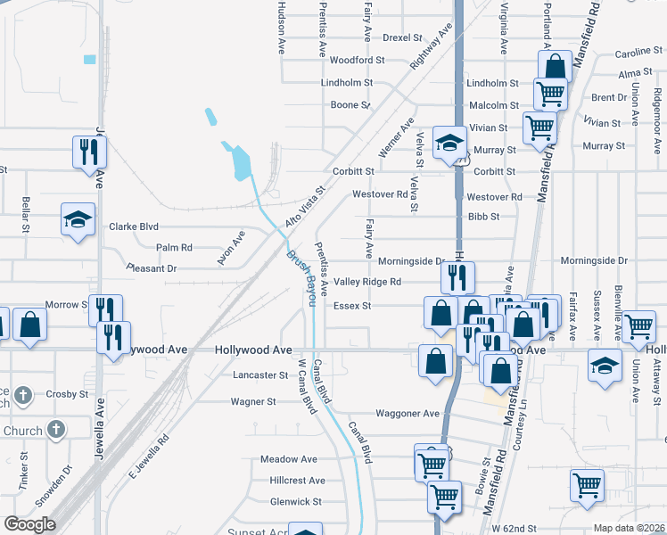 map of restaurants, bars, coffee shops, grocery stores, and more near 3039 Morningside Drive in Shreveport