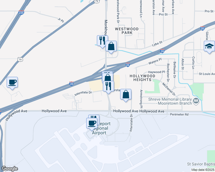 map of restaurants, bars, coffee shops, grocery stores, and more near 5103 Monkhouse Dr in Shreveport