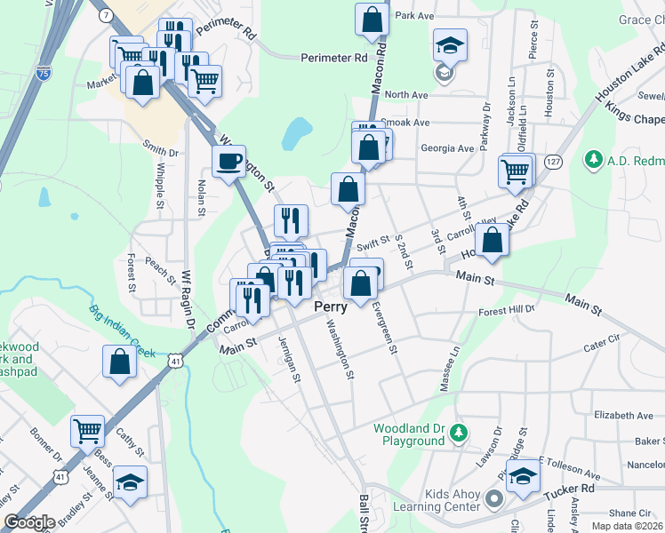 map of restaurants, bars, coffee shops, grocery stores, and more near 1021 Commerce Street in Perry