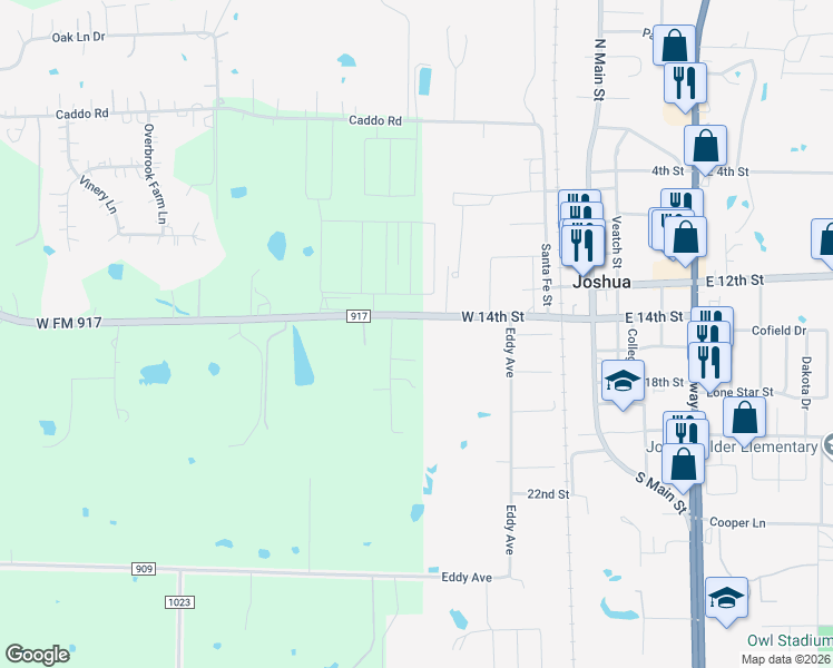 map of restaurants, bars, coffee shops, grocery stores, and more near 701 Farm to Market Road 917 in Joshua