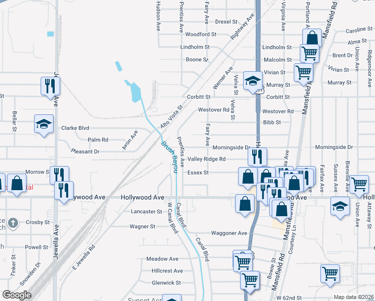 map of restaurants, bars, coffee shops, grocery stores, and more near 3039 Morningside Drive in Shreveport