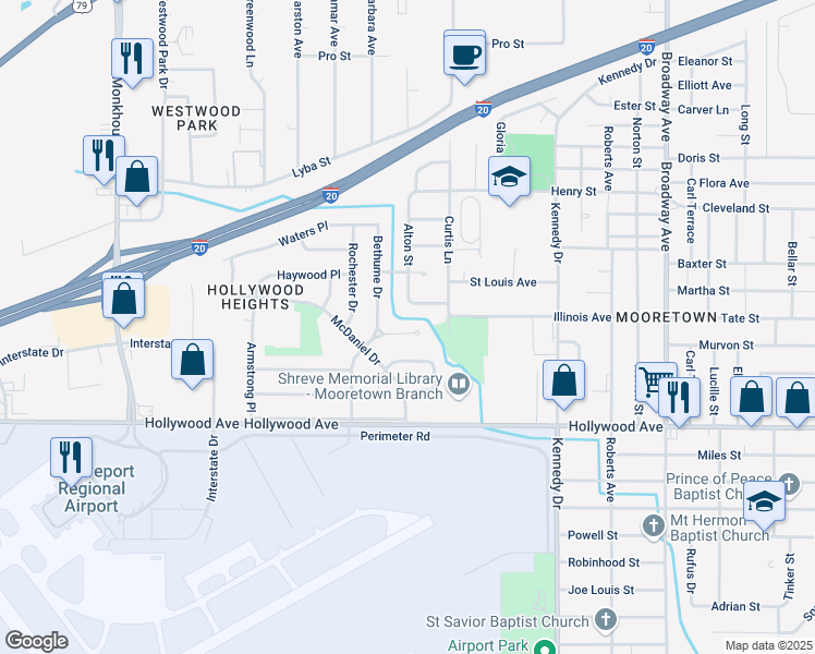 map of restaurants, bars, coffee shops, grocery stores, and more near 4318 Cole Place in Shreveport