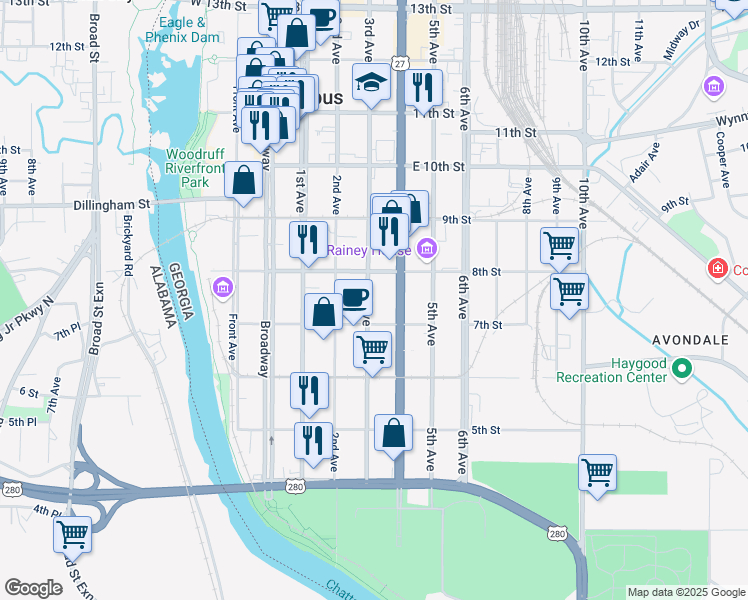 map of restaurants, bars, coffee shops, grocery stores, and more near 720 3rd Avenue in Columbus