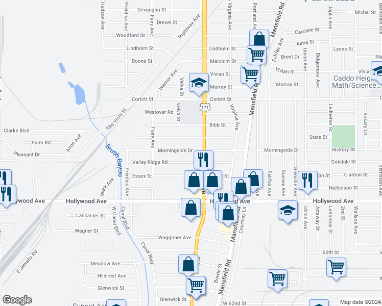 map of restaurants, bars, coffee shops, grocery stores, and more near 2721 Morningside Drive in Shreveport