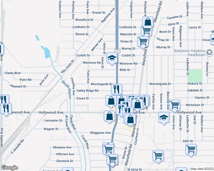 map of restaurants, bars, coffee shops, grocery stores, and more near 2733 Morningside Drive in Shreveport