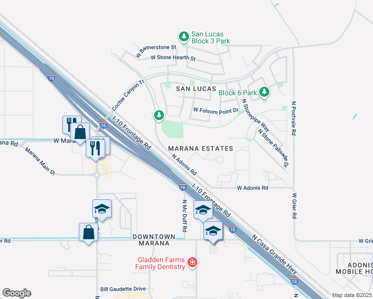 map of restaurants, bars, coffee shops, grocery stores, and more near 11471 West Tortolita Street in Marana