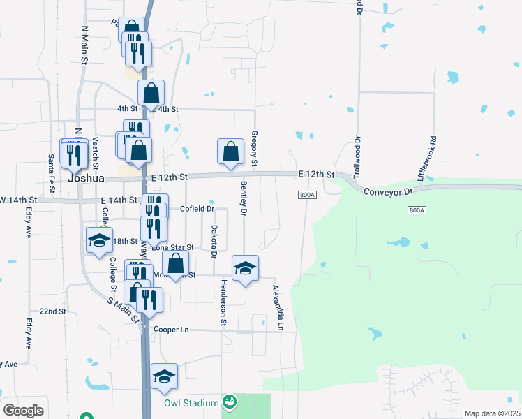 map of restaurants, bars, coffee shops, grocery stores, and more near 117 Honey Bee Drive in Joshua