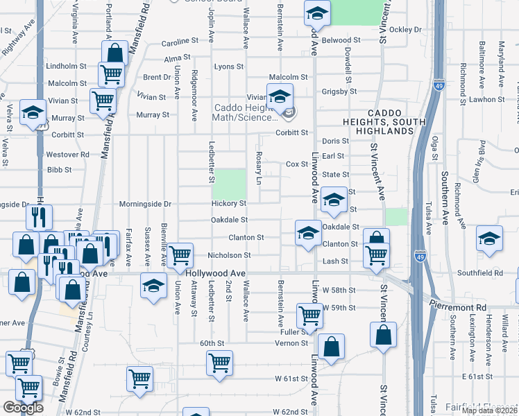 map of restaurants, bars, coffee shops, grocery stores, and more near 1739 Hickory Street in Shreveport