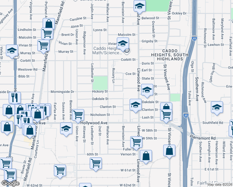 map of restaurants, bars, coffee shops, grocery stores, and more near 1739 Hickory Street in Shreveport
