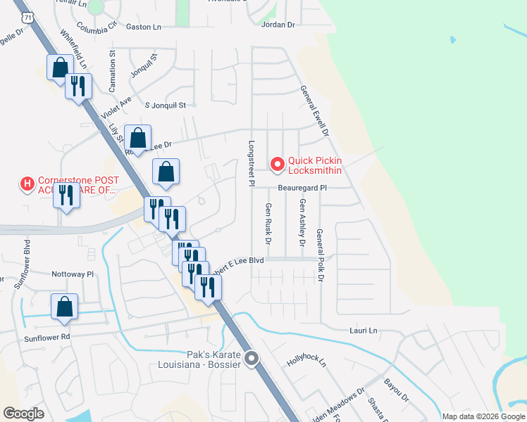 map of restaurants, bars, coffee shops, grocery stores, and more near 4910 Gen Rusk Drive in Bossier City