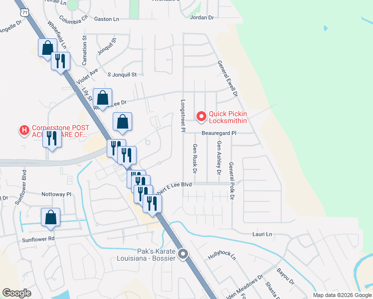 map of restaurants, bars, coffee shops, grocery stores, and more near 4910 Gen Rusk Drive in Bossier City