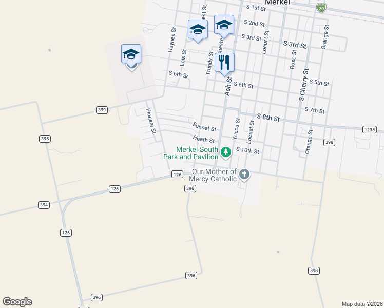 map of restaurants, bars, coffee shops, grocery stores, and more near 1002 Trundy Street in Merkel