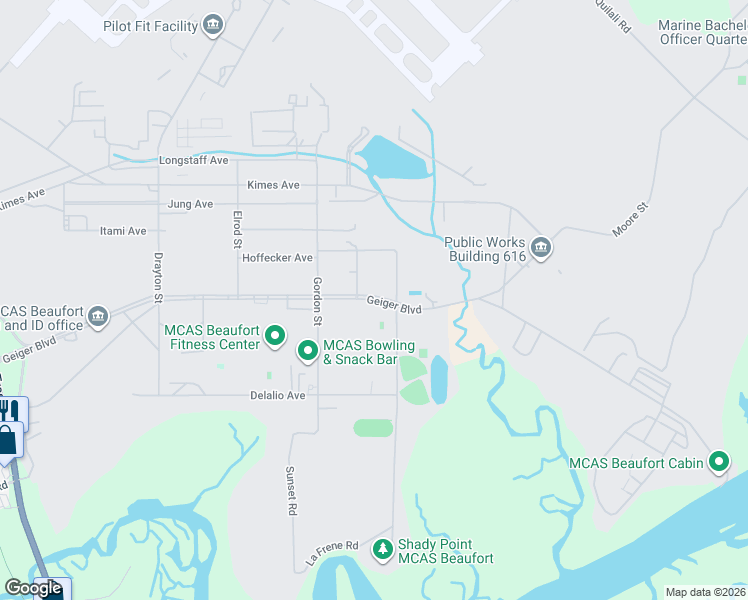 map of restaurants, bars, coffee shops, grocery stores, and more near Geiger Boulevard in Beaufort