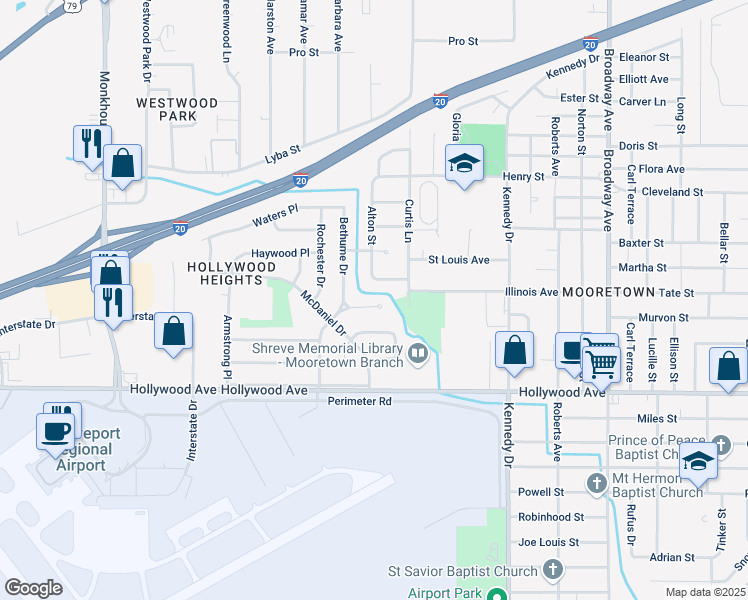 map of restaurants, bars, coffee shops, grocery stores, and more near 4318 Cole Place in Shreveport