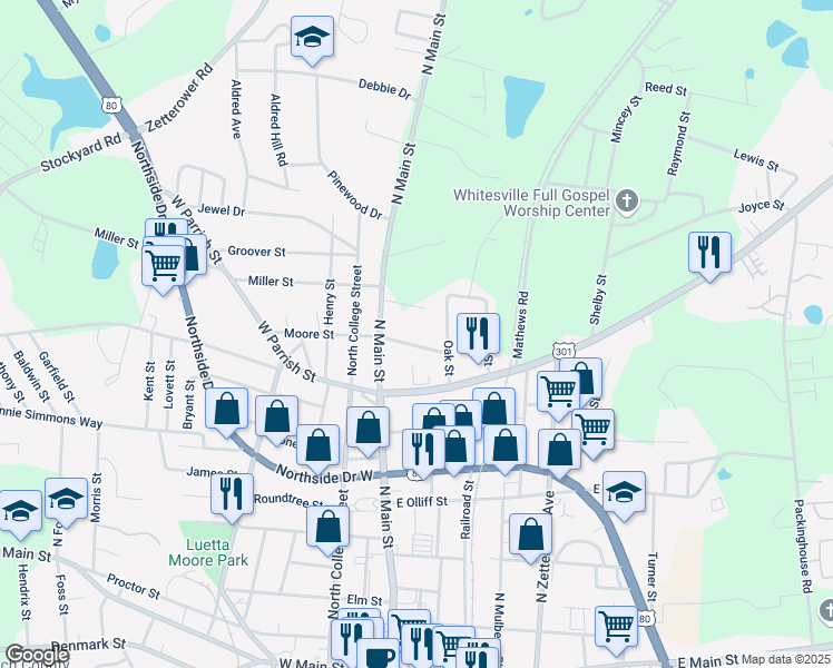 map of restaurants, bars, coffee shops, grocery stores, and more near 3 East Moore Street in Statesboro