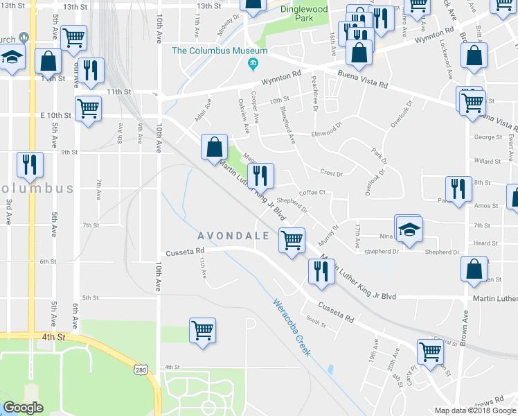 map of restaurants, bars, coffee shops, grocery stores, and more near 1196 Martin Luther King Junior Boulevard in Columbus