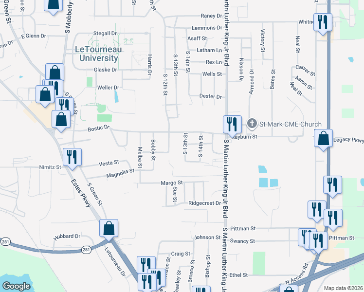 map of restaurants, bars, coffee shops, grocery stores, and more near 2511 South 13th Street in Longview