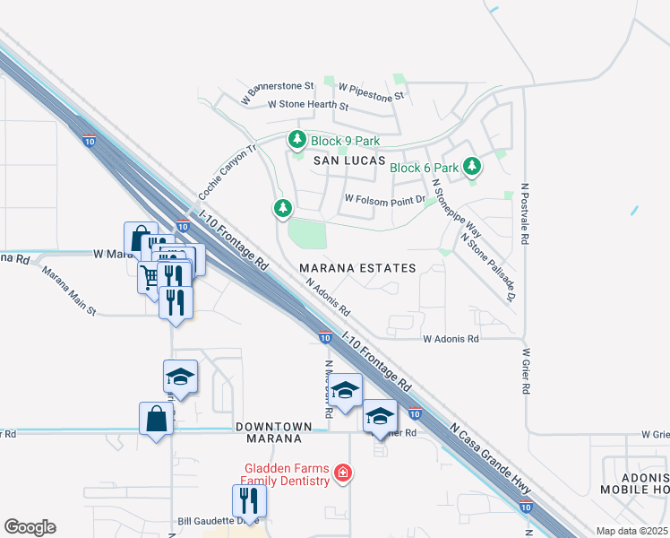 map of restaurants, bars, coffee shops, grocery stores, and more near 11356 West Tortolita Street in Marana